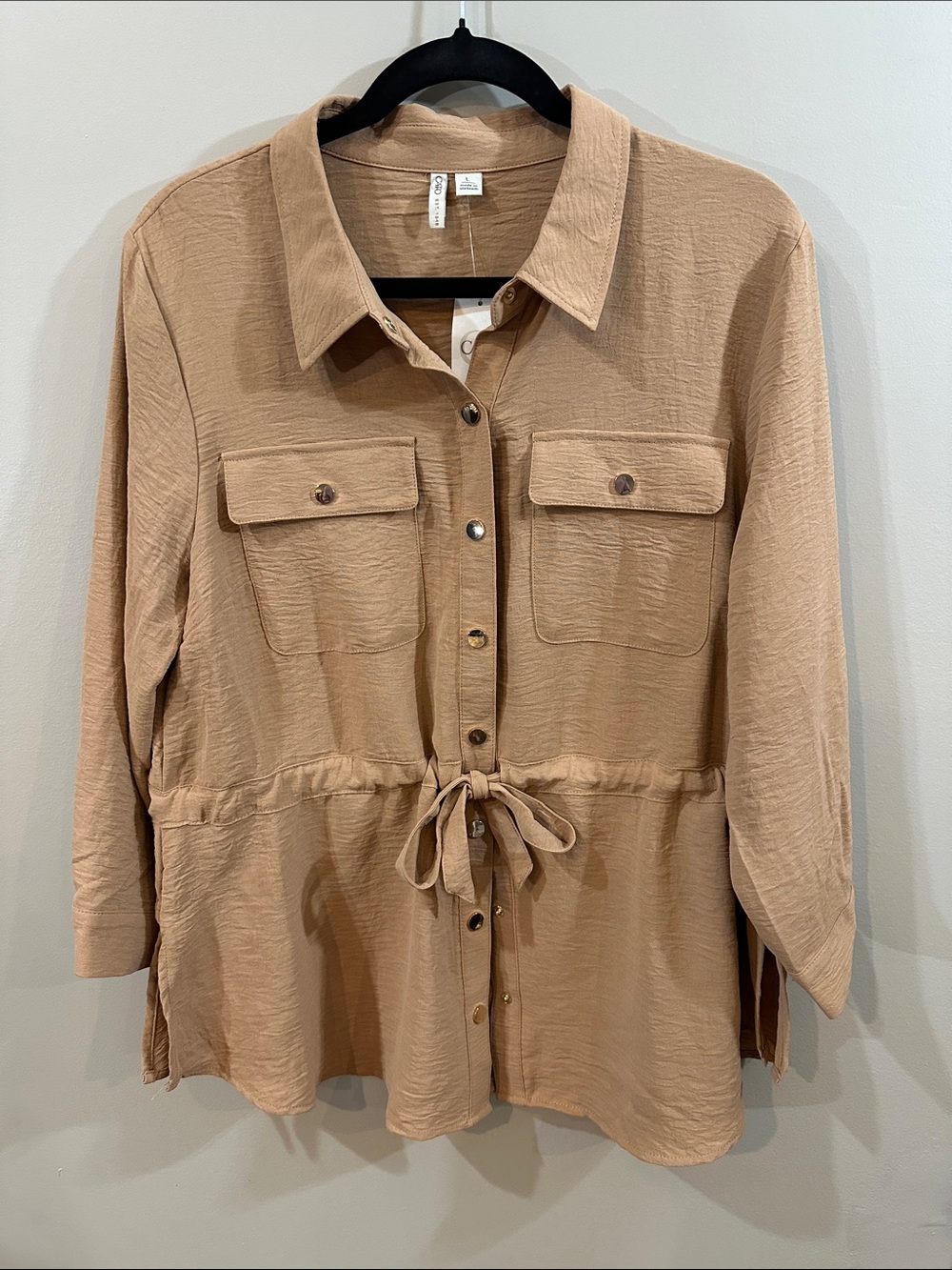 NWT Cato Tan Button-Front Drawstring Utility Shirt